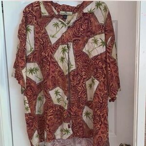 Tommy Bahama Red and Green Palm Print Button Down Shirt.